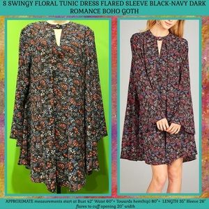 S SWINGY FUN FLORAL TUNIC DRESS FLARED SLEEVE BLACK-NAVY BOHO GOTH